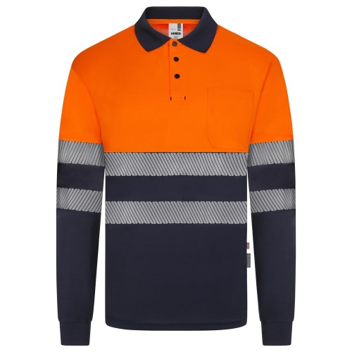 Polo reflectante reciclado manga larga Velilla 305535 azul navy-naranja fluor