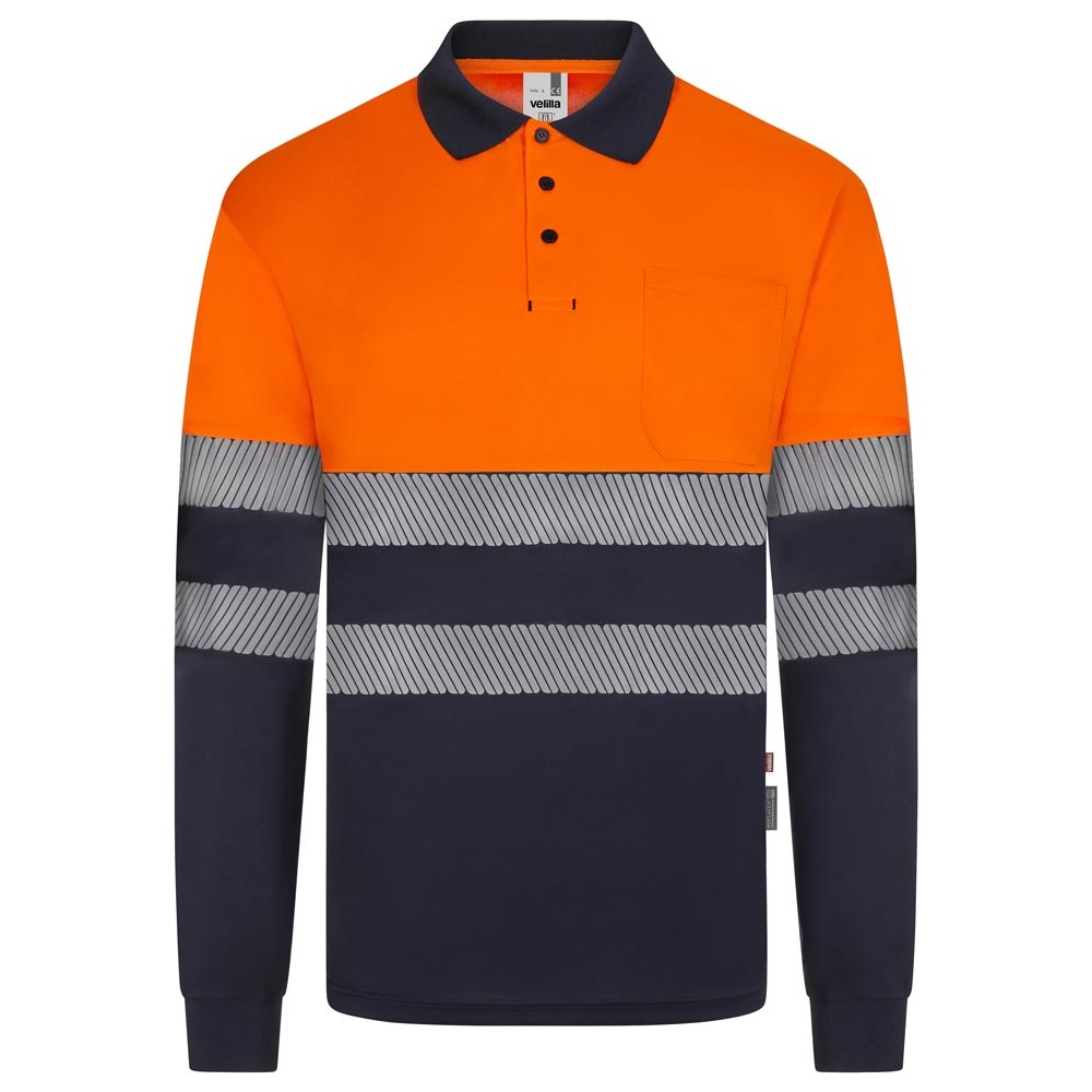 Polo reflectante reciclado manga larga Velilla 305535 azul navy-naranja fluor