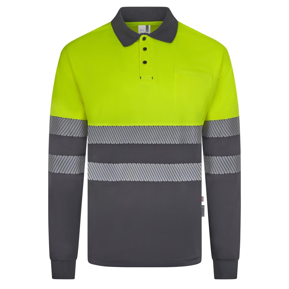Polo reflectante reciclado manga larga Velilla 305535 gris-amarillo flúor
