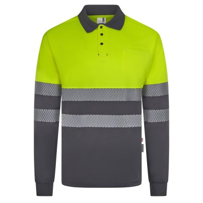 Polo reflectante reciclado manga larga Velilla 305535 gris-amarillo flúor