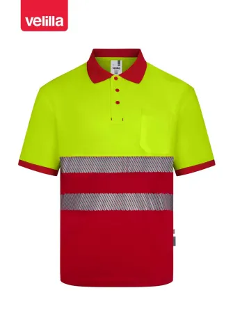 Polo reflectante 100% poliéster reciclado Velilla 305533 rojo-amarillo flúor