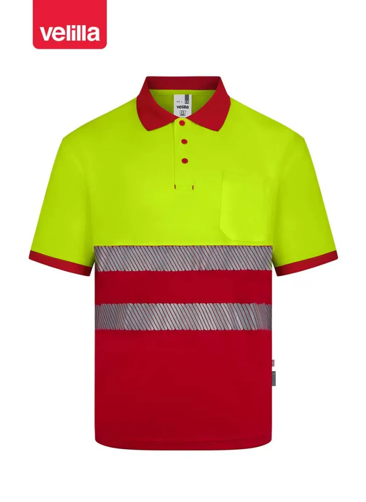 Polo reflectante 100% poliéster reciclado Velilla 305533 rojo-amarillo flúor