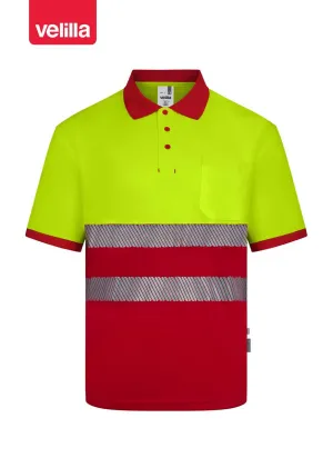 Polo reflectante 100% poliéster reciclado Velilla 305533 rojo-amarillo flúor