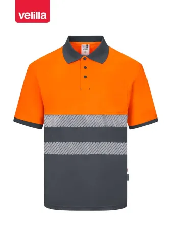 Polo reflectante 100% poliéster reciclado Velilla 305533 gris-naranja flúor