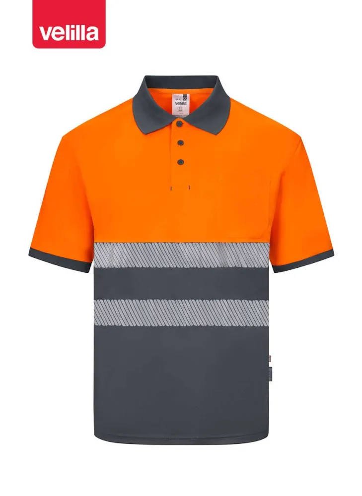 Polo reflectante 100% poliéster reciclado Velilla 305533 gris-naranja flúor