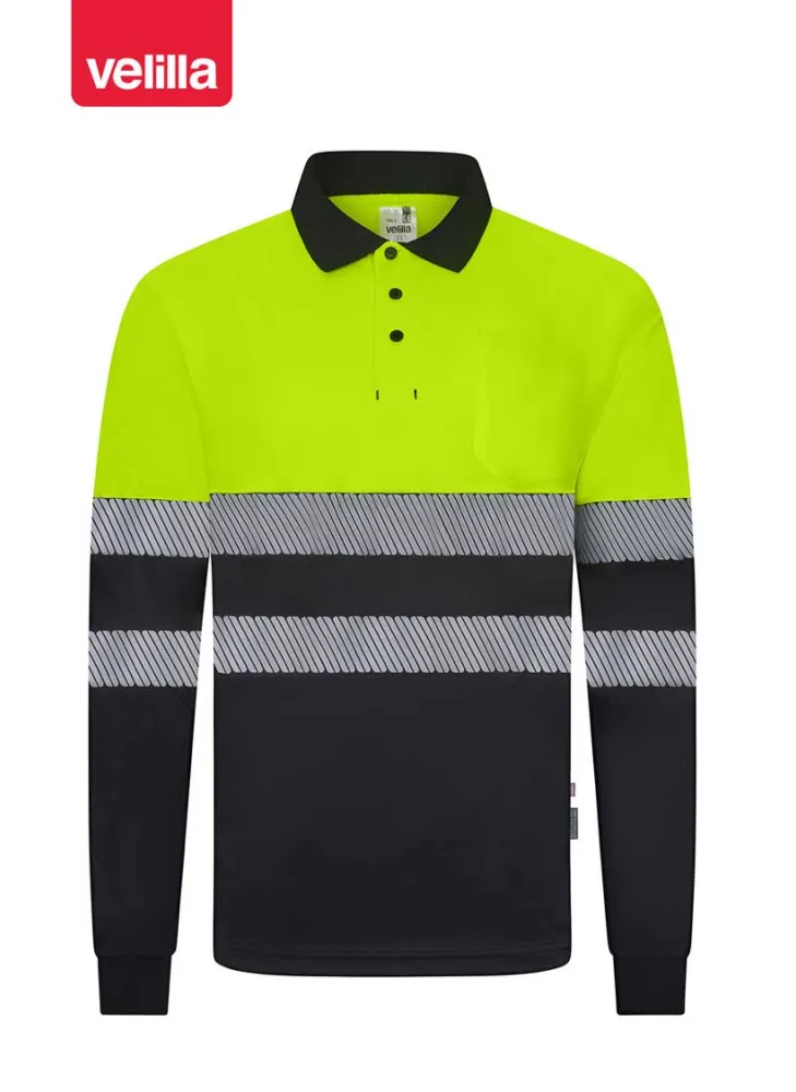 Polo reflectante reciclado manga larga Velilla 305535 negro-amarillo flúor