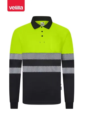 Polo reflectante reciclado manga larga Velilla 305535 negro-amarillo flúor
