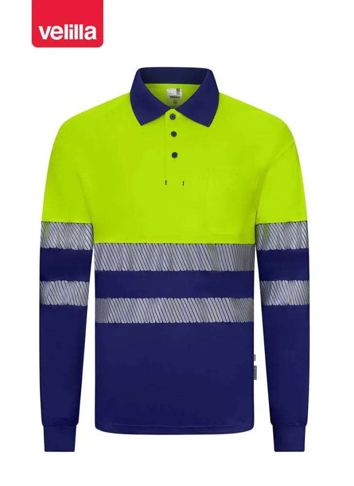 Polo reflectante reciclado manga larga Velilla 305535 Azulina-amarillo flúor