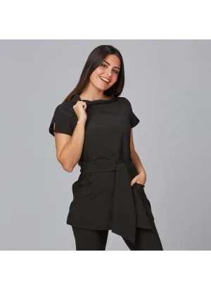 Blusa de estetica elástica semiajustada con cinturón negra