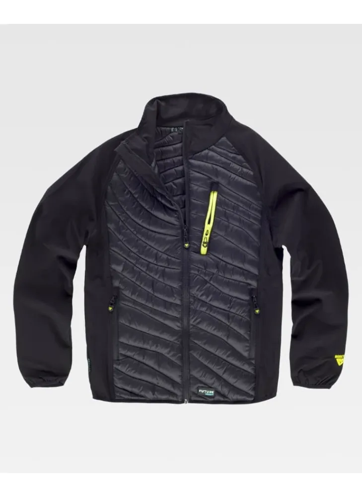 Chaqueta de trabajo acolchada con tejido elástico y cuello alto negro-amarillo