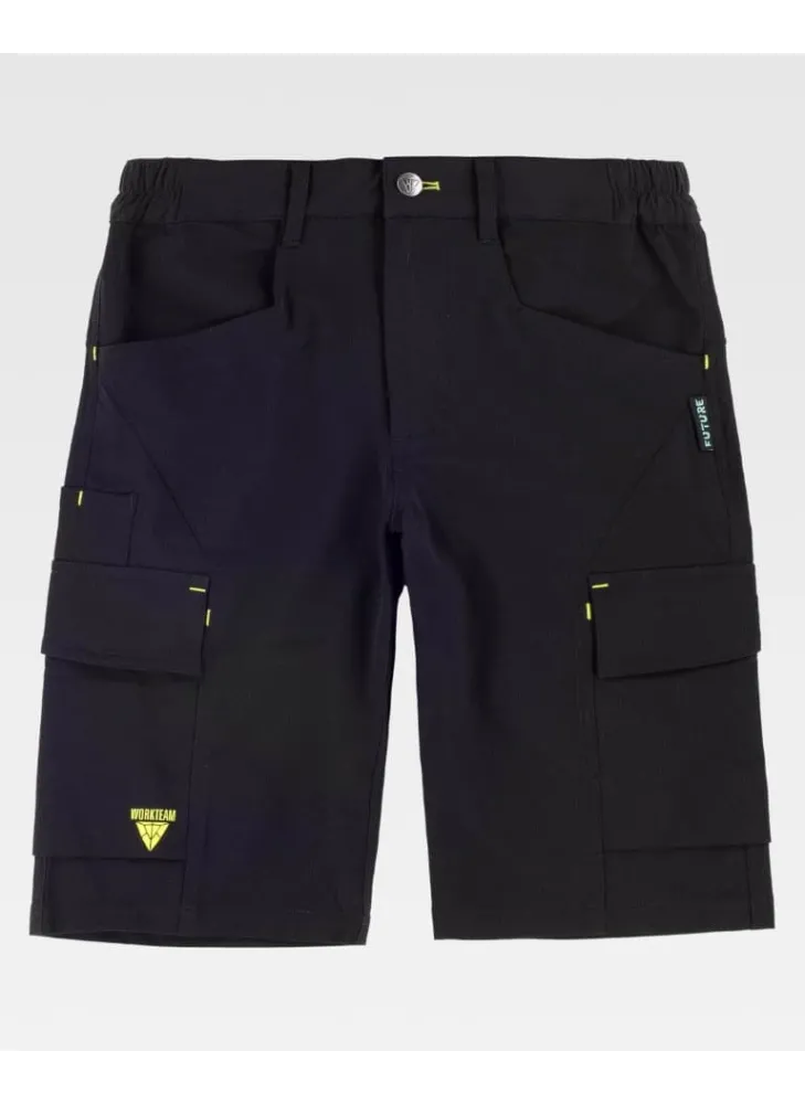 Bermuda de trabajo elástica multibolsillos detalle reflectantes negro-amarillo