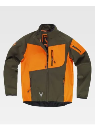 Chaqueta combinada Workshell tipo cacería con interior polar naranja-verde