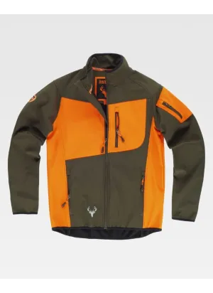 Chaqueta combinada Workshell tipo cacería con interior polar naranja-verde