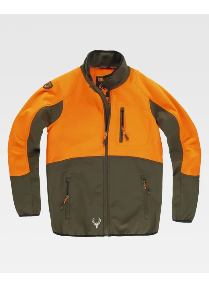 Chaqueta de trabajo workshell combinada con cuello alto naranja-verde caza