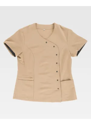 Casaca de peluquería elástica entallada y cruzada de manga corta beige