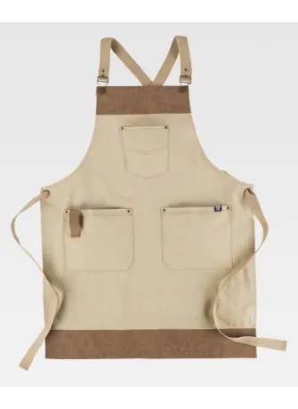 Delantal de camarero con peto tejido canvas combinado con piel vegana beige