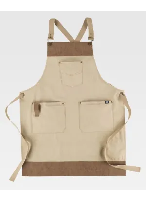 Delantal de camarero con peto tejido canvas combinado con piel vegana beige