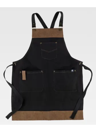 Delantal de camarero con peto tejido canvas combinado con piel vegana negro