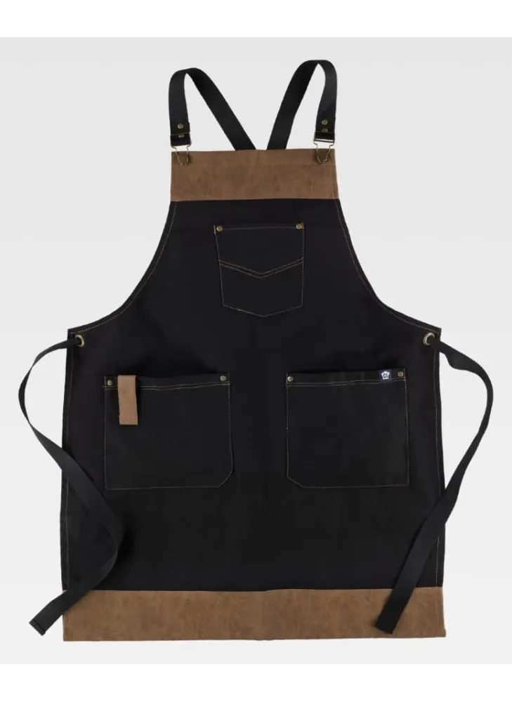 Delantal de camarero con peto tejido canvas combinado con piel vegana negro