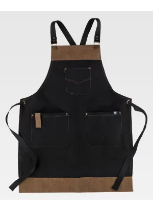 Delantal de camarero con peto tejido canvas combinado con piel vegana negro
