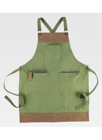 Delantal de camarero con peto tejido canvas combinado con piel vegana verde oliva
