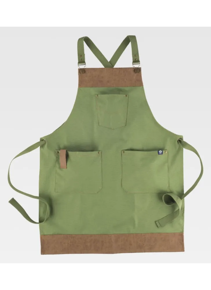 Delantal de camarero con peto tejido canvas combinado con piel vegana verde oliva