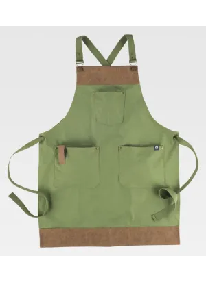 Delantal de camarero con peto tejido canvas combinado con piel vegana verde oliva