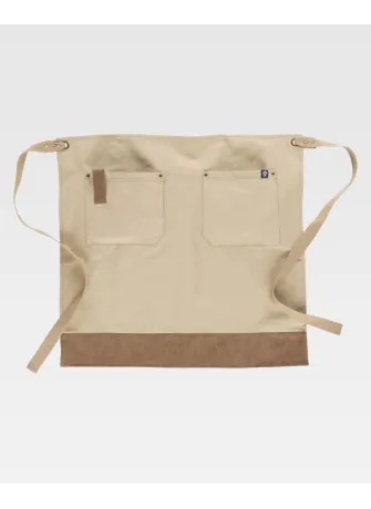 Delantal de camarero francés largo tejido canvas combinado con piel vegana Beige