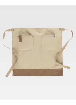 Delantal de camarero francés largo tejido canvas combinado con piel vegana Beige