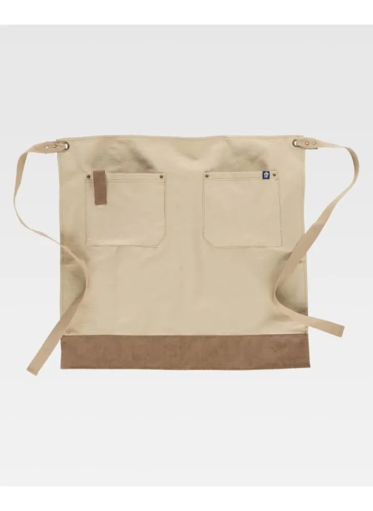 Delantal de camarero francés largo tejido canvas combinado con piel vegana Beige