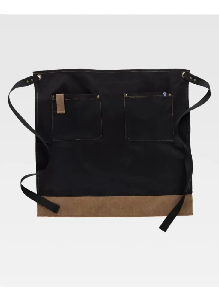 Delantal de camarero francés largo tejido canvas combinado con piel vegana Negro