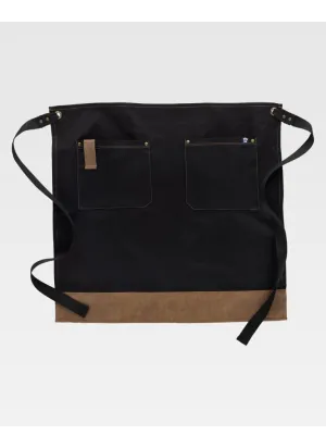 Delantal de camarero francés largo tejido canvas combinado con piel vegana Negro