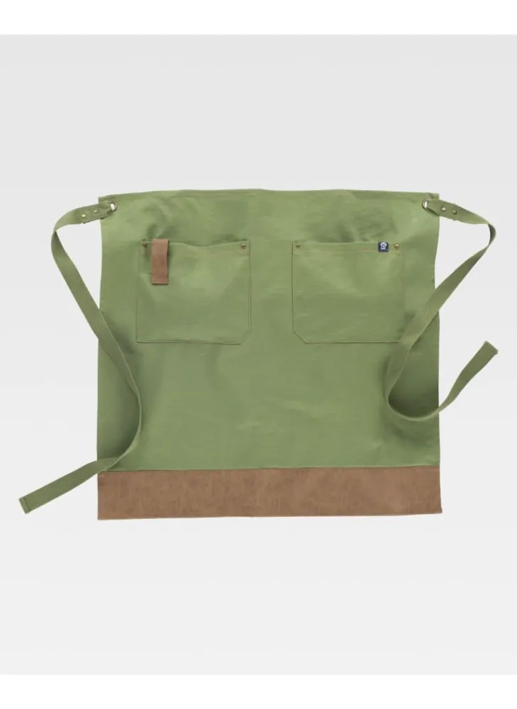 Delantal de camarero francés largo tejido canvas combinado con piel vegana verde lima